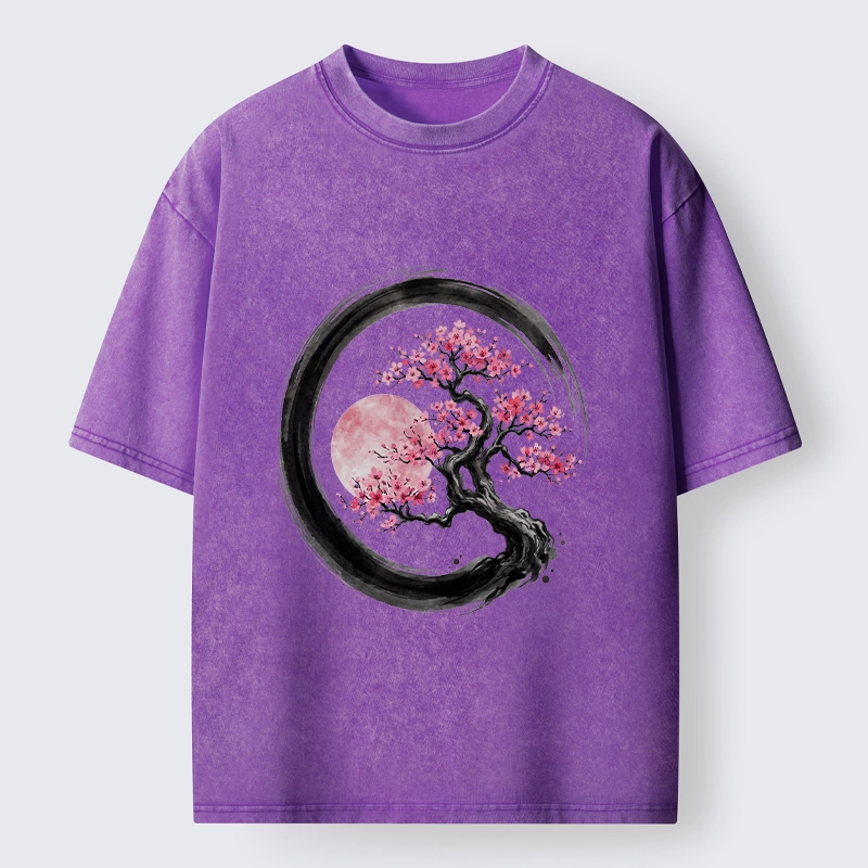 Tokyo-Tiger Zen Sakura Tree With Pink Moon Washed T-Shirt