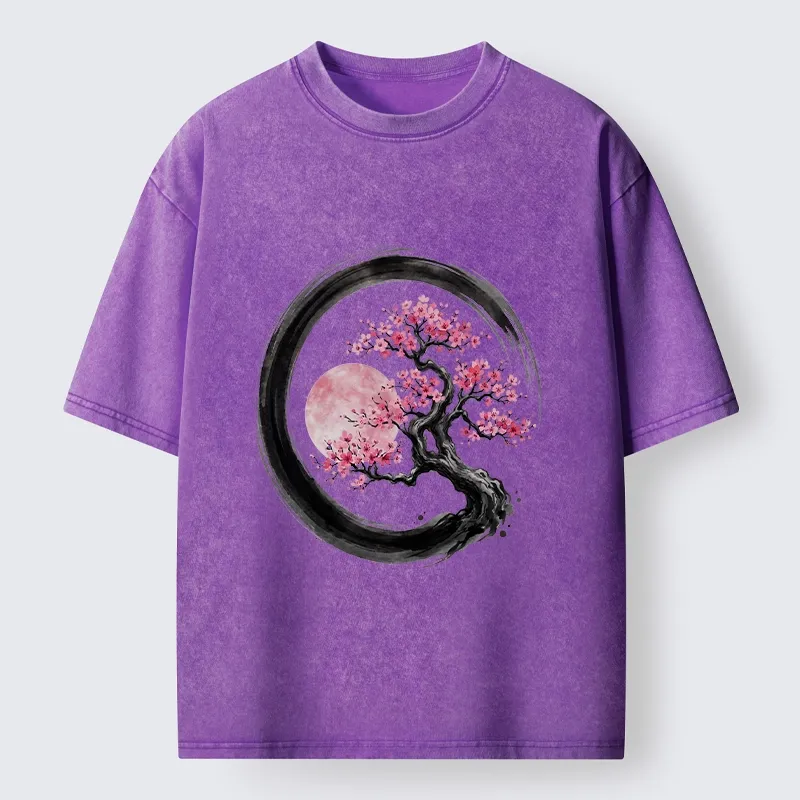 Tokyo-Tiger Zen Sakura Tree With Pink Moon Washed T-Shirt