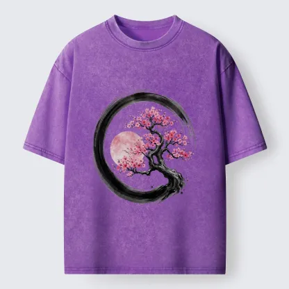 Tokyo-Tiger Zen Sakura Tree With Pink Moon Washed T-Shirt