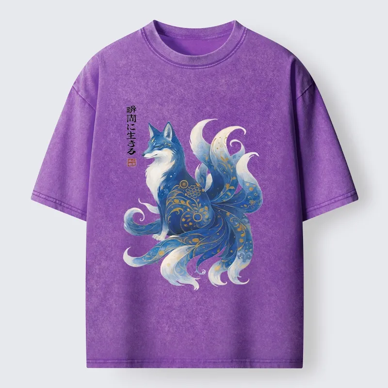 Tokyo-Tiger Serene Fox In Japanese Ink Style Washed T-Shirt
