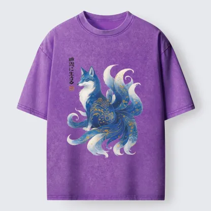 Tokyo-Tiger Serene Fox In Japanese Ink Style Washed T-Shirt