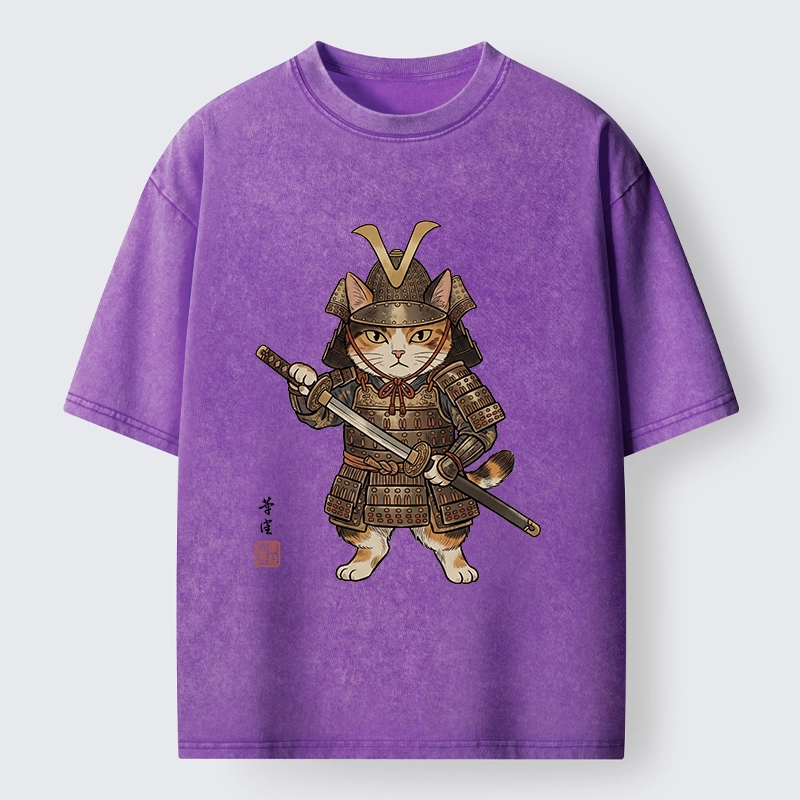 Tokyo-Tiger Samurai Cat With Katana Sword Washed T-Shirt