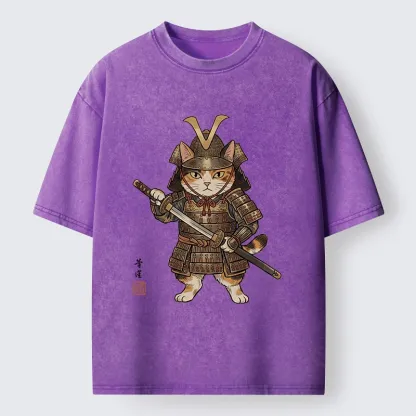 Tokyo-Tiger Samurai Cat With Katana Sword Washed T-Shirt