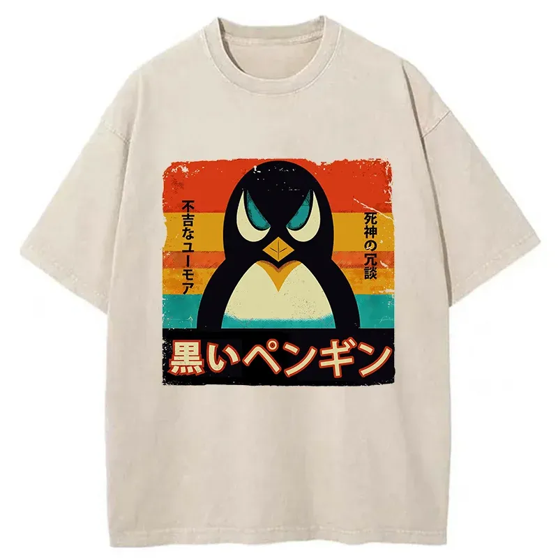 Tokyo-Tiger Black Funny Penguin Washed T-Shirt