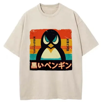 Tokyo-Tiger Black Funny Penguin Washed T-Shirt