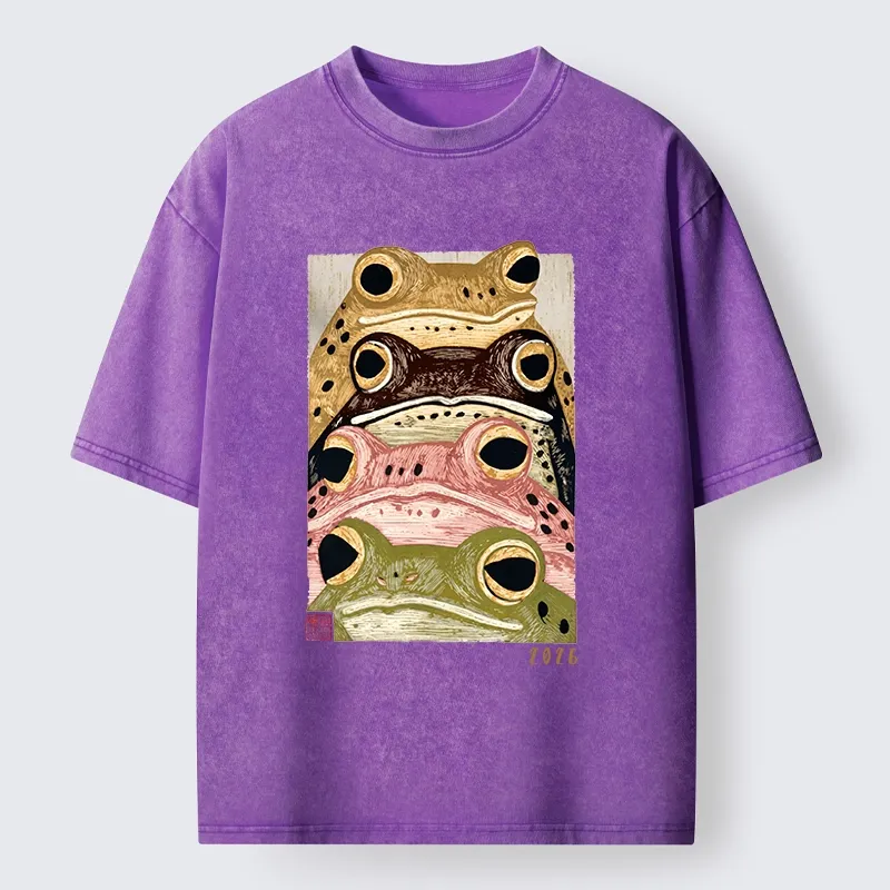 Tokyo-Tiger Whimsical Multi Colored Frog Art Washed T-Shirt