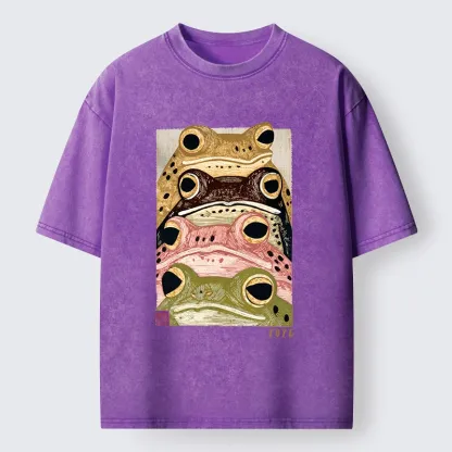 Tokyo-Tiger Whimsical Multi Colored Frog Art Washed T-Shirt