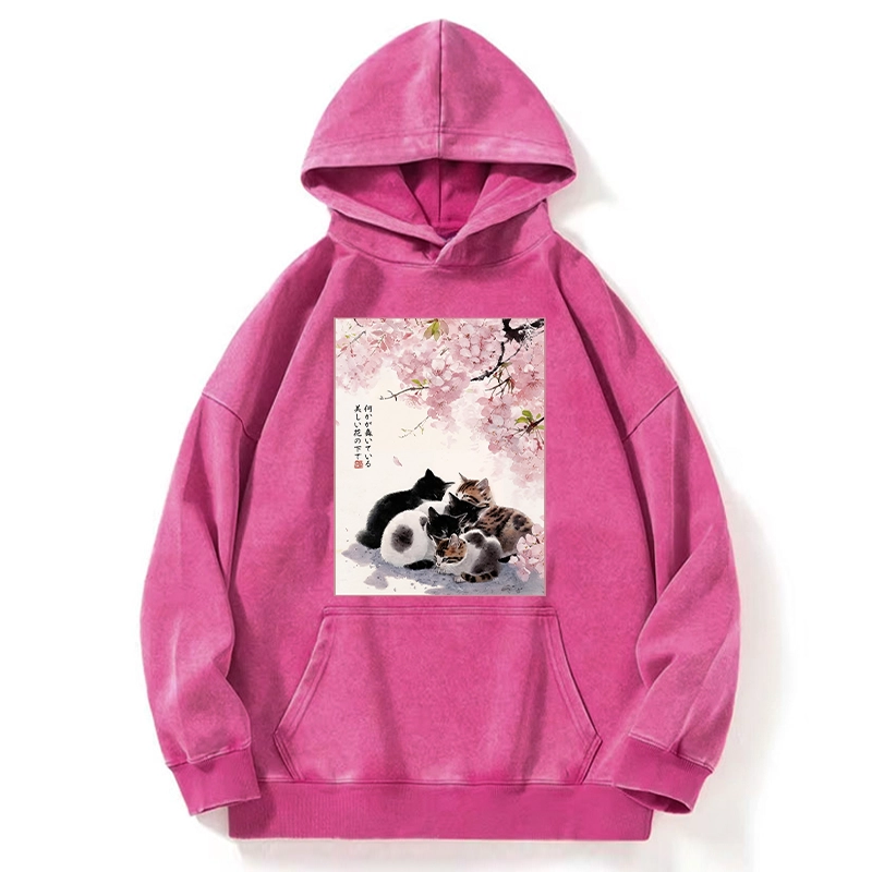 Tokyo-Tiger Cute Cats Sakura Garden Washed Hoodie