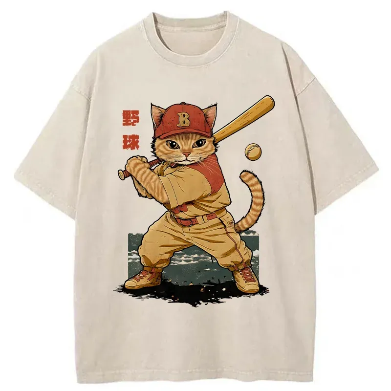 Tokyo-Tiger Baseball Cat Player Washed T-Shirt