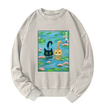 Tokyo-Tiger Cats In The Lotus Pond Washed Sweatshirt