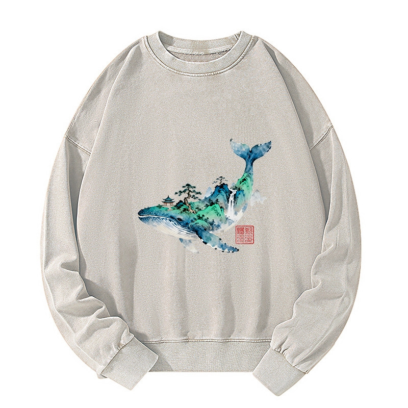 Tokyo-Tiger Whale Ink Painting Landscape Washed Sweatshirt