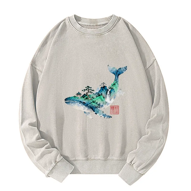 Tokyo-Tiger Whale Ink Painting Landscape Washed Sweatshirt Sale