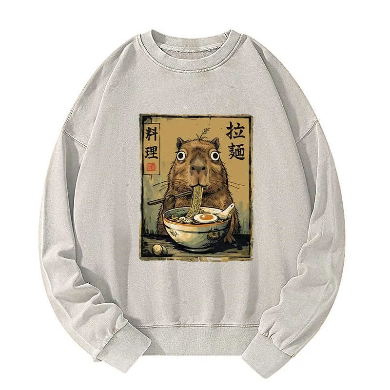 Tokyo-Tiger Cute Capybara Eating Ramen Washed Sweatshirt