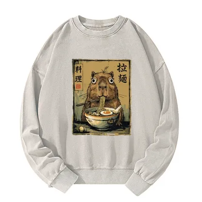 Tokyo-Tiger Cute Capybara Eating Ramen Washed Sweatshirt