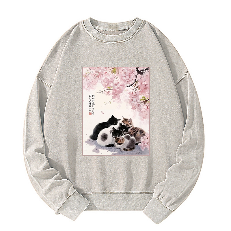 Tokyo-Tiger Cute Cats Sakura Garden Washed Sweatshirt