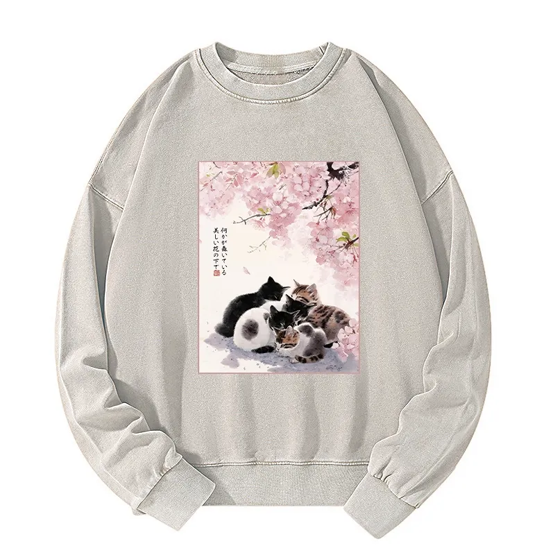 Tokyo-Tiger Cute Cats Sakura Garden Washed Sweatshirt