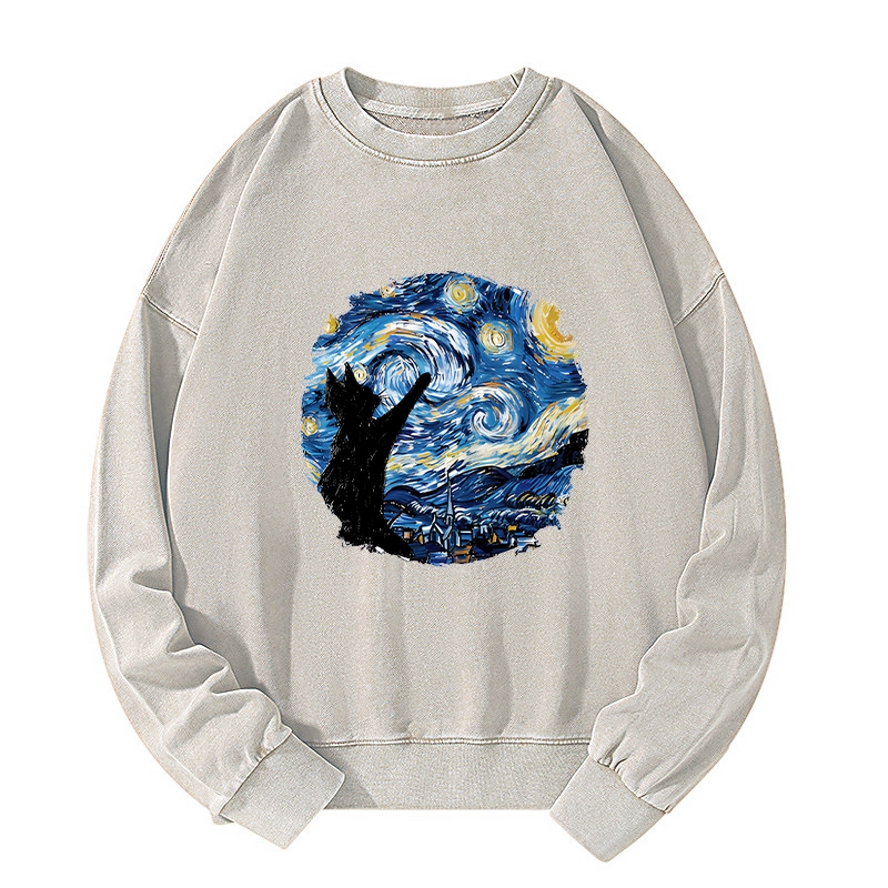 Tokyo-Tiger Starry Night Black Cat Washed Sweatshirt