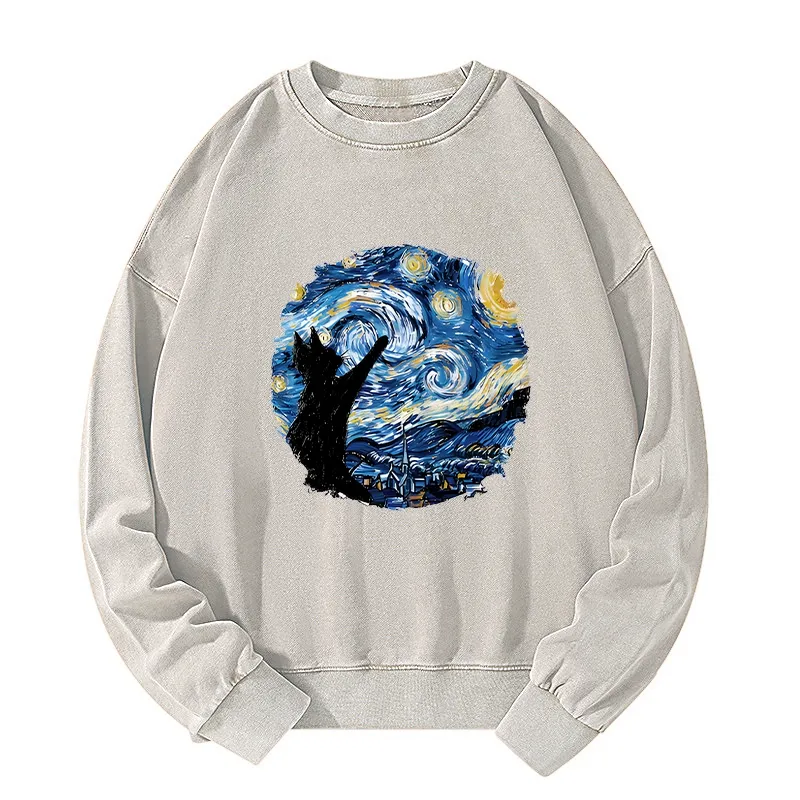 Tokyo-Tiger Starry Night Black Cat Washed Sweatshirt