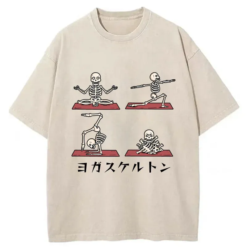 Tokyo-Tiger Skeleton Doing Yoga Washed T-Shirt