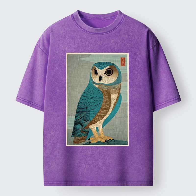 Tokyo-Tiger Vintage Owl Woodblock Art Washed T-Shirt