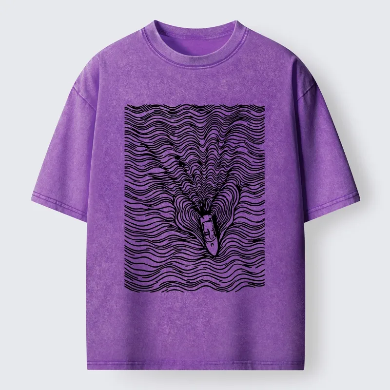 Tokyo-Tiger Line Art Boat On The Ocean Washed T-Shirt