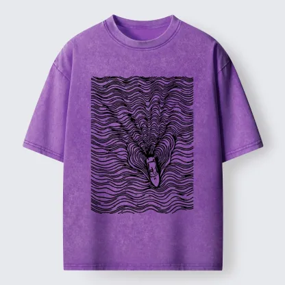 Tokyo-Tiger Line Art Boat On The Ocean Washed T-Shirt