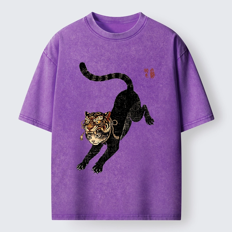 Tokyo-Tiger Cat With Tiger Mask Cool Art Washed T-Shirt