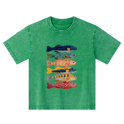 Tokyo-Tiger Colorful Fish Art Collection Kids Washed T-Shirt