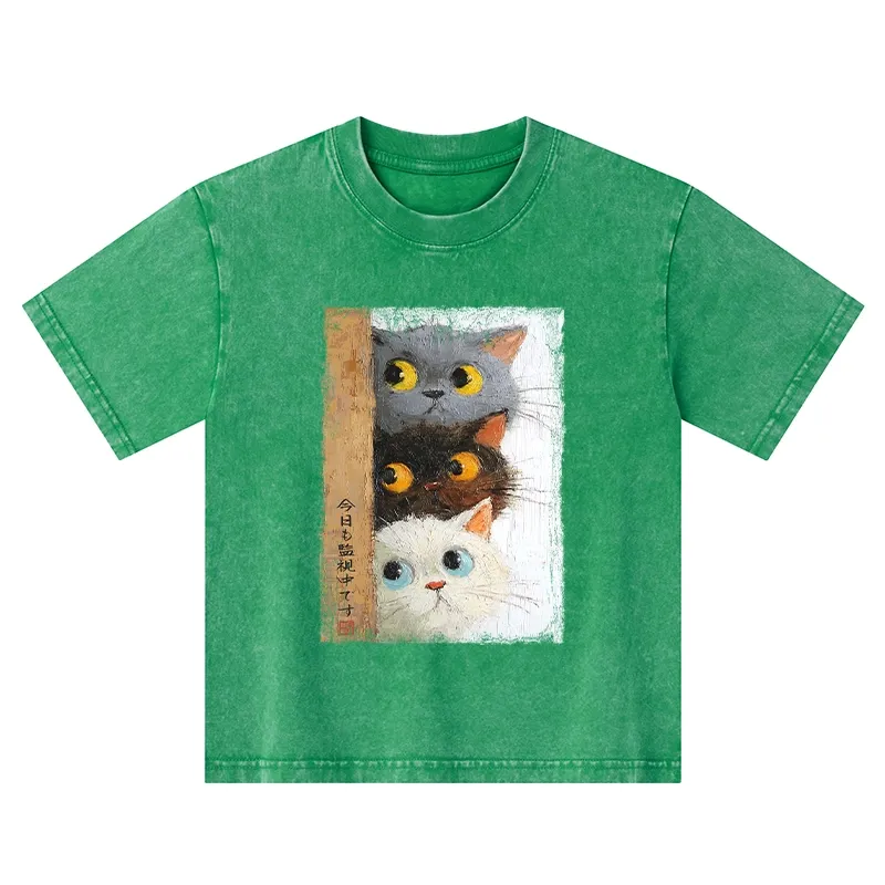 Tokyo-Tiger Three Cute Cats Watch You Kids Washed T-Shirt
