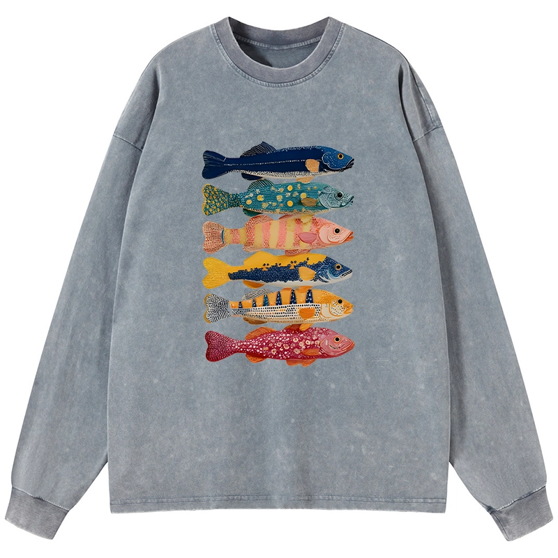 Tokyo-Tiger Colorful Fish Art Collection Washed Long Sleeve T-Shirt