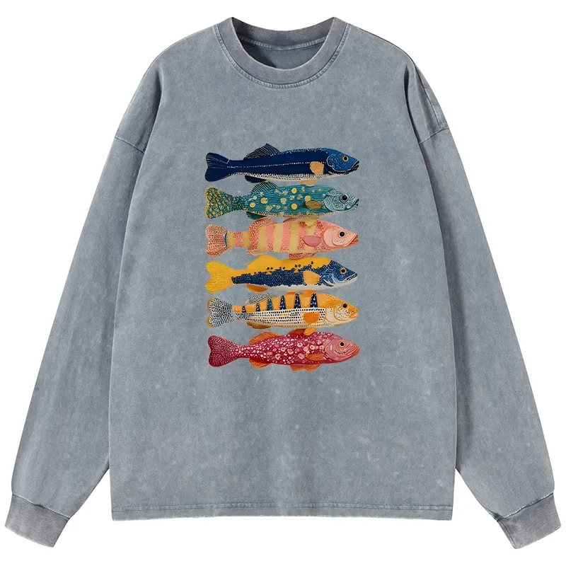 Tokyo-Tiger Colorful Fish Art Collection Washed Long Sleeve T-Shirt Sale