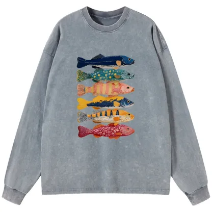 Tokyo-Tiger Colorful Fish Art Collection Washed Long Sleeve T-Shirt