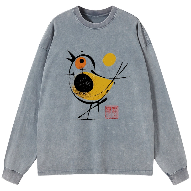Tokyo-Tiger Aesthetic Yellow And Black Bird Washed Long Sleeve T-Shirt