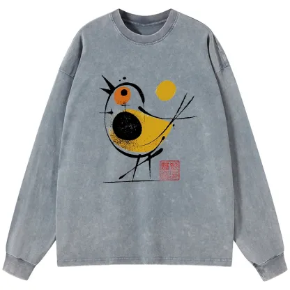 Tokyo-Tiger Aesthetic Yellow And Black Bird Washed Long Sleeve T-Shirt