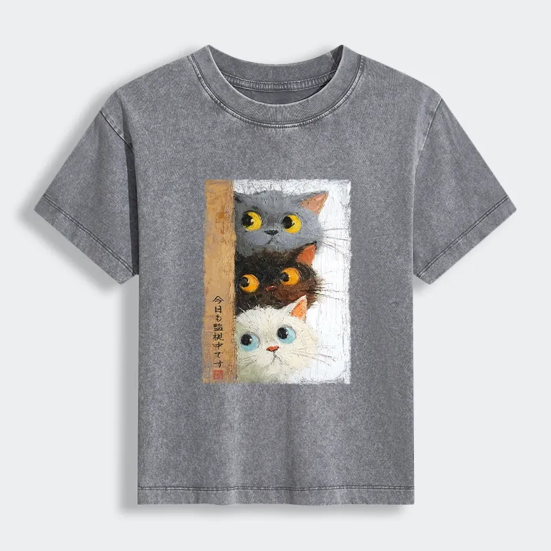 Tokyo-Tiger Three Cute Cats Watch You Women's Washed T-shirt