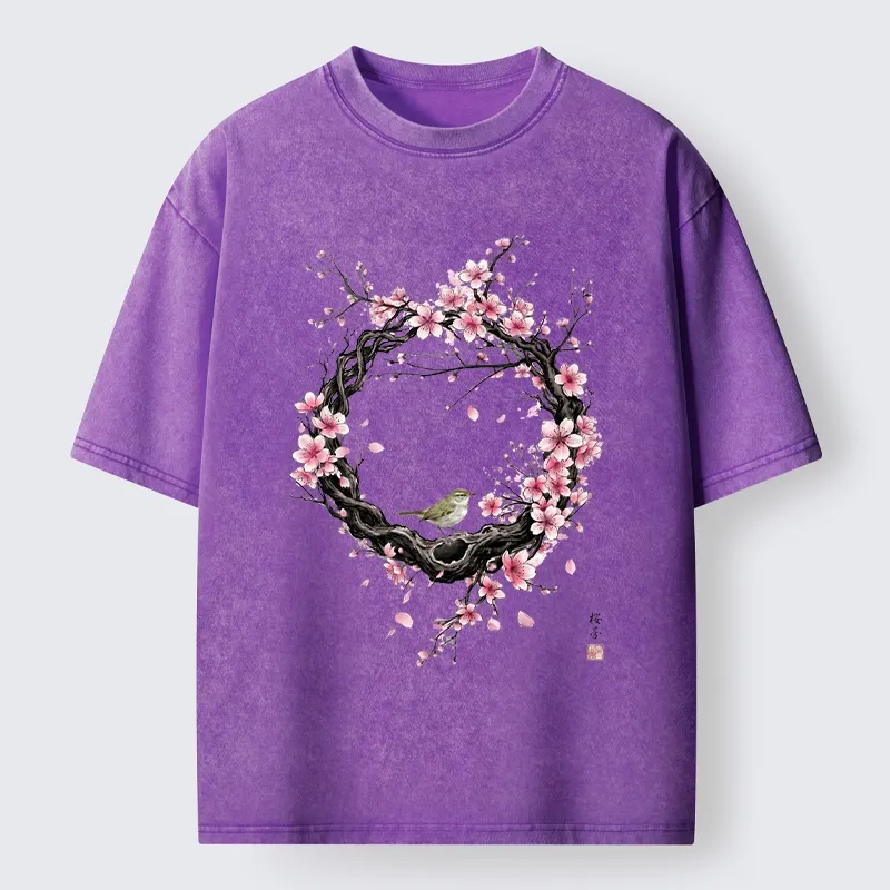 Tokyo-Tiger Sakura Wreath And Little Bird Washed T-Shirt
