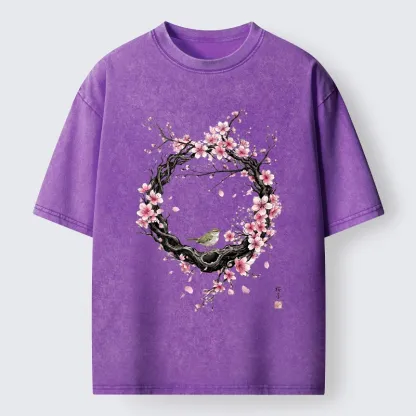 Tokyo-Tiger Sakura Wreath And Little Bird Washed T-Shirt