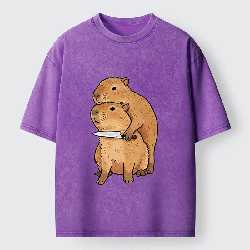 Tokyo-Tiger Capybara With Knife Funny Meme Washed T-Shirt