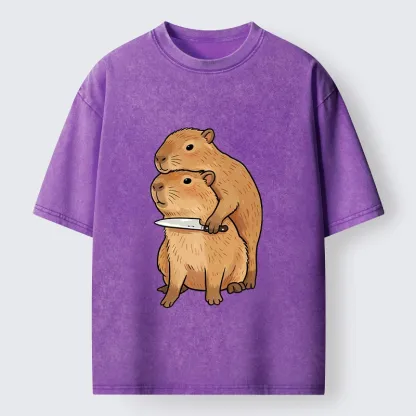 Tokyo-Tiger Capybara With Knife Funny Meme Washed T-Shirt