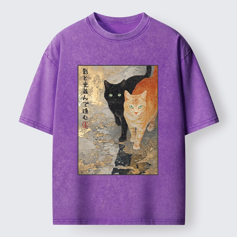 Tokyo-Tiger Japanese Gold Leaf Cat Print Meme Washed T-Shirt