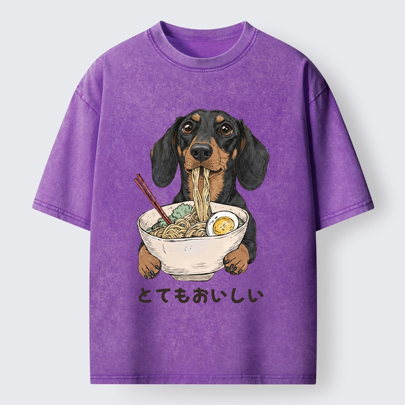 Tokyo-Tiger Cute Dog Eating Noodles Art Meme Washed T-Shirt