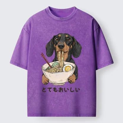 Tokyo-Tiger Cute Dog Eating Noodles Art Meme Washed T-Shirt