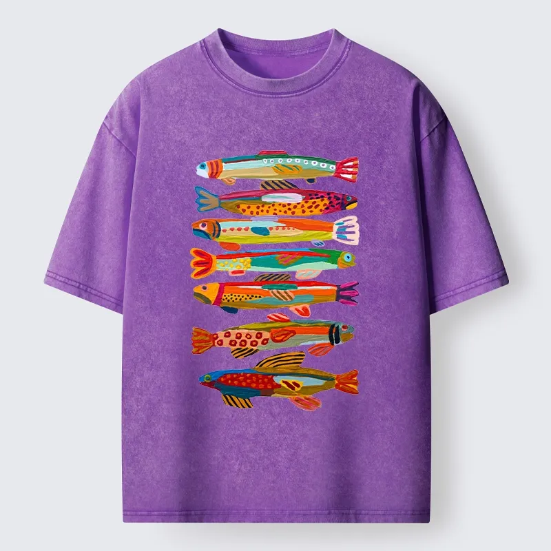Tokyo-Tiger Colorful Fish Folk Art Print Washed T-Shirt