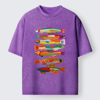 Tokyo-Tiger Colorful Fish Folk Art Print Washed T-Shirt