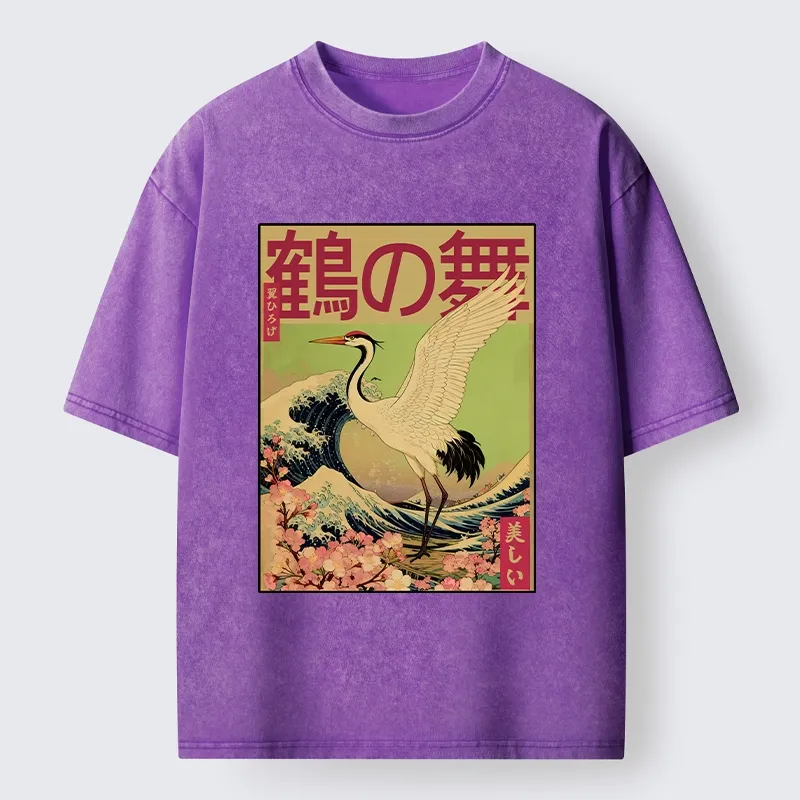 Tokyo-Tiger Japanese Crane And Wave Art Washed T-Shirt