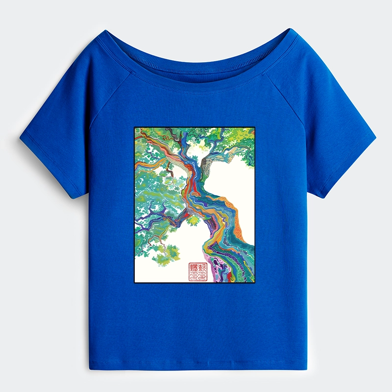Tokyo-Tiger Colorful Magic Tree Off Shoulder T-Shirt