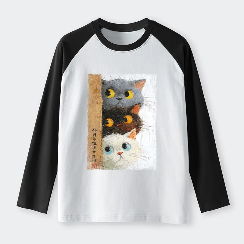 Tokyo-Tiger Three Cute Cats Watch You Raglan Long Sleeve T-shirt Sale