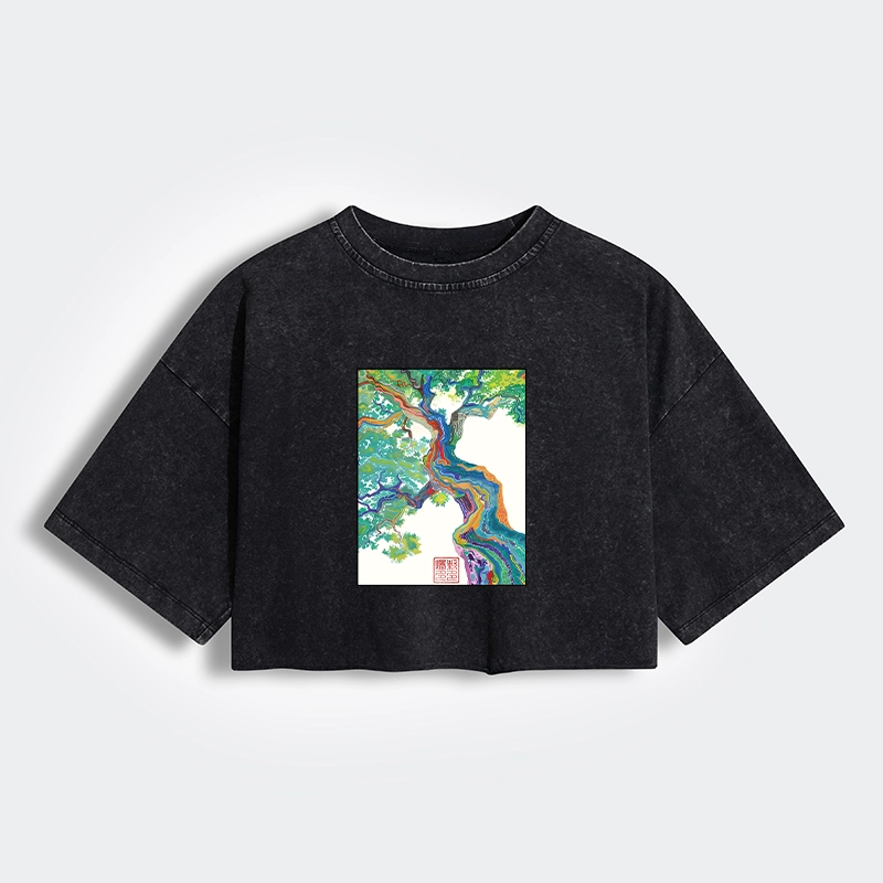 Tokyo-Tiger Colorful Magic Tree Women's Washed Crop T-Shirt