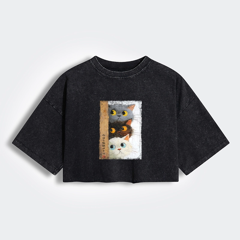 Tokyo-Tiger Three Cute Cats Watch You Women's Washed Crop T-Shirt
