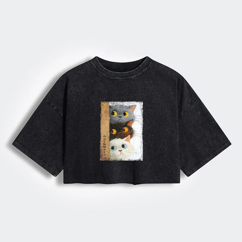 Tokyo-Tiger Three Cute Cats Watch You Women's Washed Crop T-Shirt